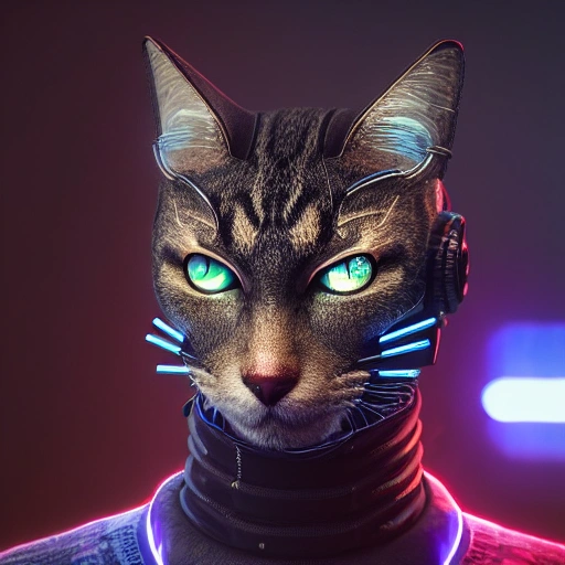 side close up portrait of 1 cyberpunk cat, detailed face, spotlight, cyberpunk city, wired, multicolored, vibrant high contrast, hyperrealistic, photografic, 8k, epic ambient light, octane render