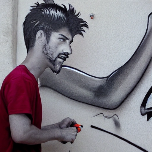 hombre haciendo grafiti en una pared, que el hombre tenga ropa negra