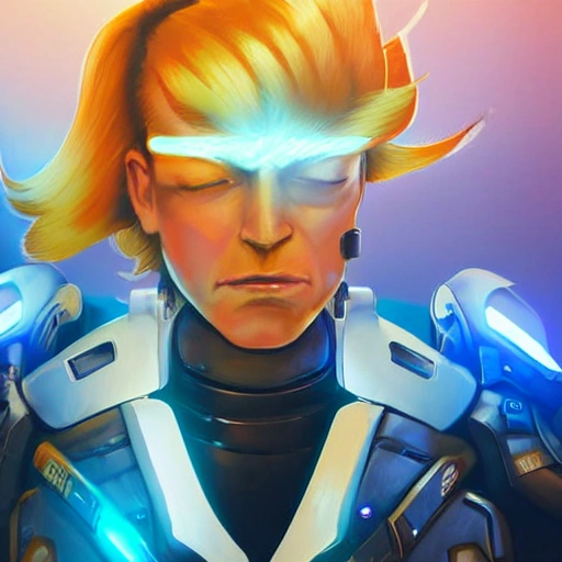 close-up head, facing camera, realistic digital painting headshot portrait of an (angry:1.4) (blond:1.1) robot, dark sci-fi spaceship universe, bright blue sport jacket, intricate details, (abstract background:1.2), (light particle:1.1), (overwatch style:0.8), (star wars style:0.3), (game concept:1.3), (arcane style:0.8), (depth of field:1.3), global illumination, art by hoang lap and fuji choko and artgerm, and greg rutkowski and viktoria gavrilenko