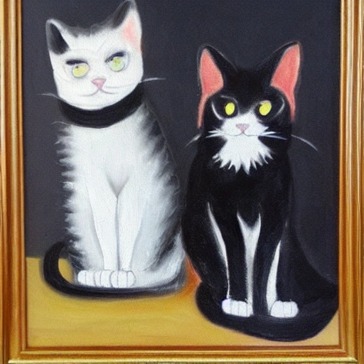 Two Black and White cats, Oil Painting