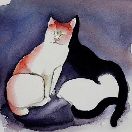 Two Black and White cats, playing, Water Color