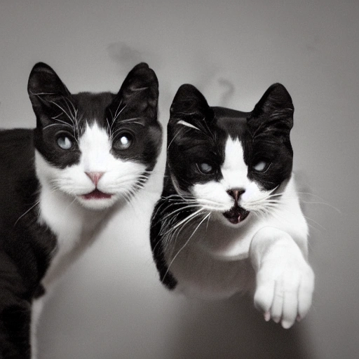 Two Black and White cats, mask, playing, anime