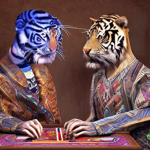 tigre y halcon vestidos con ropa jugando  a las cartas, arte digital realista
