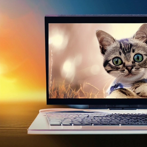 A little cat using a laptop computer with the web browser Microsoft Edge open, movie action scene, ((landscape in background)), ((detailed stunning environment)), bright headlights, aesthetics, (scifi), cinematic, cover art, full view of a computer with a kitty, intricate, highly detailed, digital painting, digital art, artstation, concept art, (color contrast), sharp focus, illustration, affinity photo, wallpaper, behance, 4k, 8k