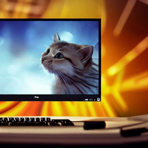 A little cat using a laptop computer with the web browser Microsoft Edge open, movie action scene, ((landscape in background)), ((detailed stunning environment)), bright headlights, aesthetics, (scifi), cinematic, cover art, full view of a computer with a kitty, intricate, highly detailed, digital painting, digital art, artstation, concept art, (color contrast), sharp focus, illustration, affinity photo, wallpaper, behance, 4k, 8k, art by artgerm and greg rutkowski and alphonse mucha