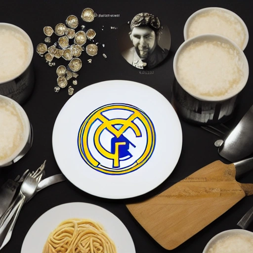 Primer plano detallado de un plato lleno una sopa de letra  pero las letras son realmente pequeños escudos del real Madrid CF hechos de pasta. 
Se muestra una mano que coge una cuchara con algo de sopa cogida del plato. 
La escena parece sacada de película de Almodóvar 