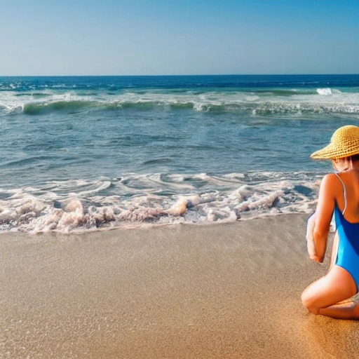 Woman in swimsuit with  large Brest. Photo in beach . She is on their knees looking a sand castle made by a child. Sea water very clear and Caribbean style