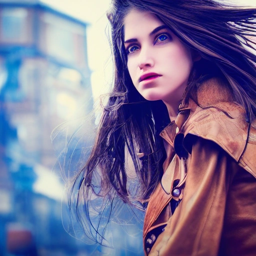  8k, detailed, close up portrait of girl standing in a steampunk city with the wind blowing in her hair, cinematic warm color palette, spotlight