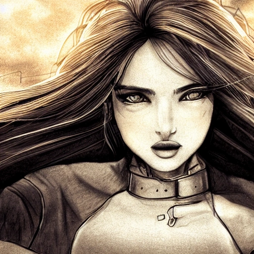  8k, detailed, close up portrait of girl standing in a steampunk city with the wind blowing in her hair, cinematic warm color palette, spotlight, Pencil Sketch