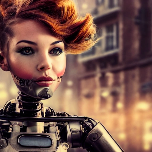 detailed, close up portrait of robot standing in a steampunk city with the wind blowing in her hair, cinematic warm color palette, spotlight, perfect symmetrical face.