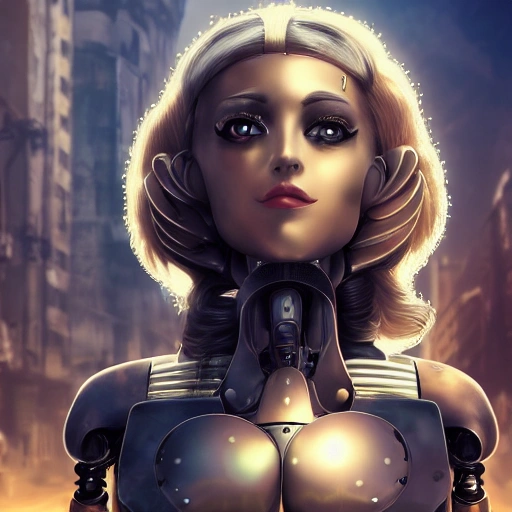 detailed, close up portrait of robot standing in a steampunk city with the wind blowing in her hair, cinematic warm color palette, spotlight, perfect symmetrical face.