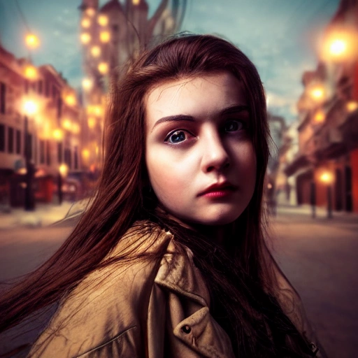 detailed, close up portrait of girl standing in a steampunk city with the wind blowing in her hair, cinematic warm color palette, spotlight, perfect symmetrical face
