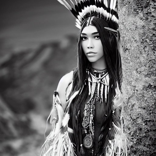 mdjrny-v4 style portrait photograph of Madison Beer as Pocahontas, young beautiful native american woman, perfect symmetrical face, feather jewelry, traditional handmade dress, armed female hunter warrior, (((wild west))) environment, Utah landscape, ultra realistic, concept art, elegant, ((intricate)), ((highly detailed)), depth of field, ((professionally color graded)), 8k, art by artgerm and greg rutkowski and alphonse, Oil Painting