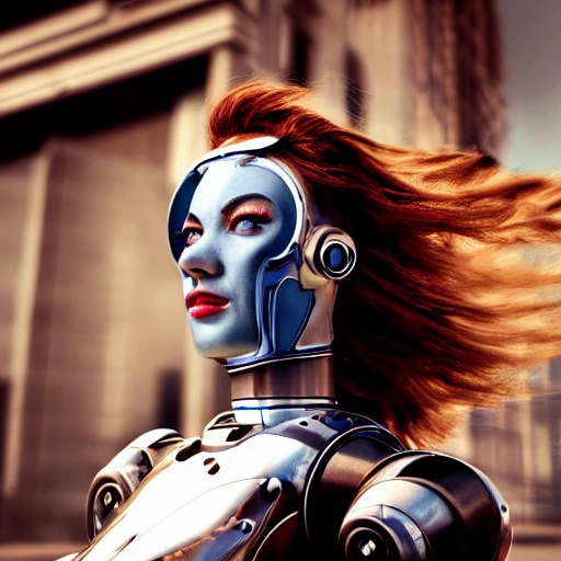 professional detailed, close up portrait of robot standing in a steampunk city with the wind blowing in her hair, cinematic warm color palette, spotlight, perfect symmetrical face.