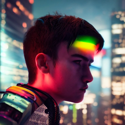 side close up portrait of 1 cyberpunk boy, detailed face, spotlight, cyberpunk city, wired, multicolored, vibrant high contrast, hyperrealistic, photografic, 8k, epic ambient light, octane render