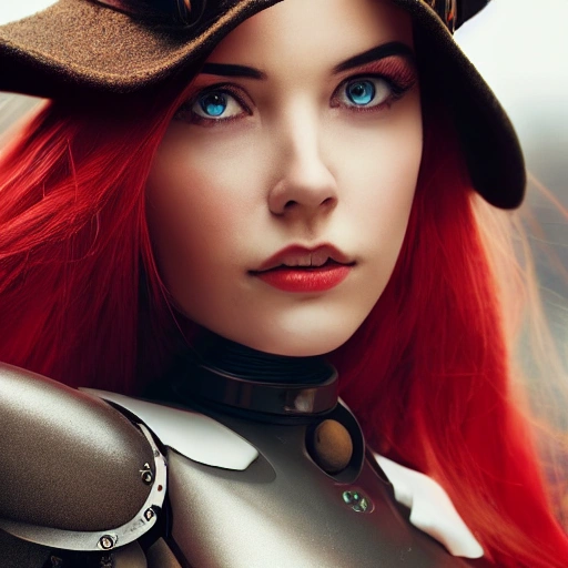 professional detailed, close up portrait of robot standing in a steampunk city with the wind blowing in her hair, cinematic warm color palette, spotlight, perfect symmetrical face.