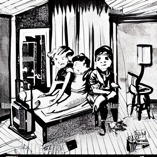 boy and girl relax in small bedroom apartment clutter no windows big tv , 50's illustration , cyberpunk , lofi color , drawing by rembrandt