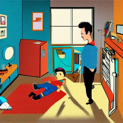 boy and girl relax in small bedroom apartment clutter no windows big tv , 50's illustration , cyberpunk , lofi color , drawing by rembrandt