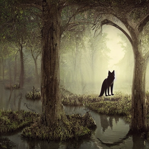 A lone wolf near a ruin in a swamp, Magic Realism:seed:1965