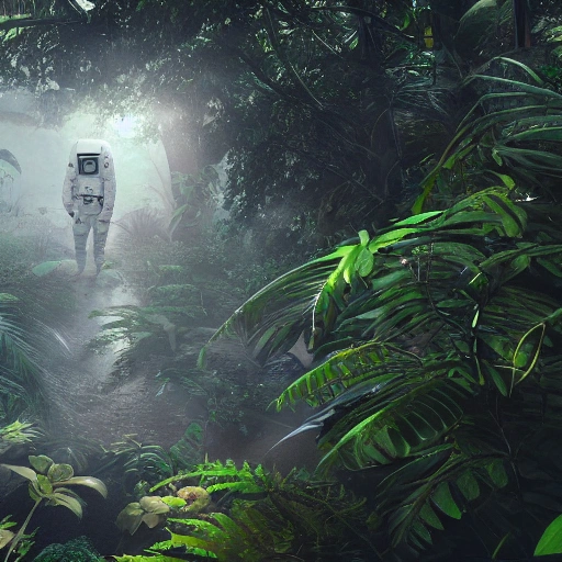 An astronaut in a jungle, render, 4k, 2160p, detailed, color, (volumetric fog), professional photograph, highly detailed, photorealism