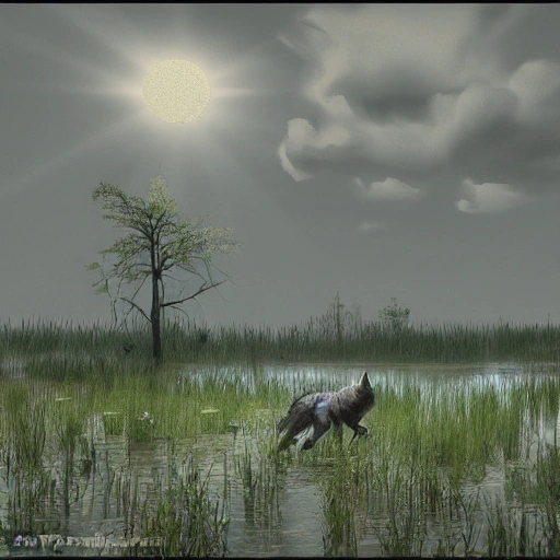 A lone wolf near a ruin in a swamp, Fantastic Realism :seed :1965