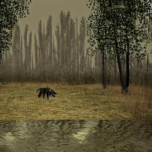 A lone wolf near a ruin in a swamp, Fantastic Realism :seed :1965