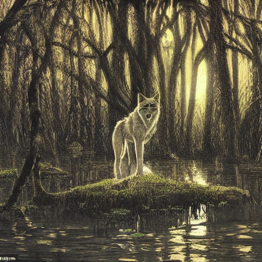 A lone wolf near a ruin in a swamp, Contemporary Realism :seed :1965