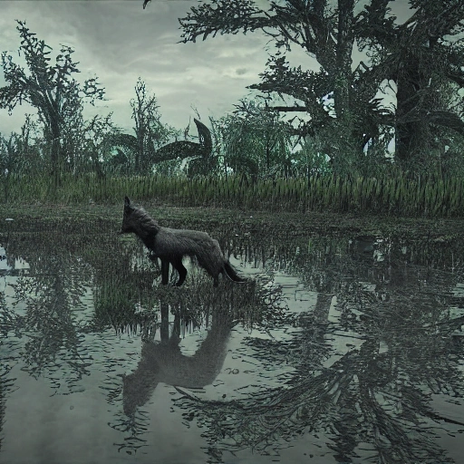 A lone wolf near a ruin in a swamp, Surreal :seed :1965