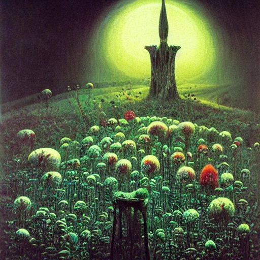 Zdzisław Beksiński, flower garden, Giger, witch, 