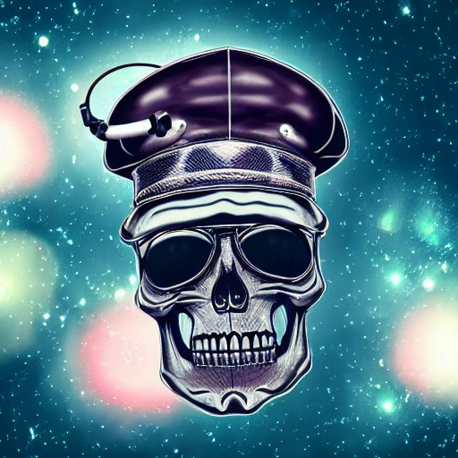 skull, with gears, aviator glasses, general's hat, with nebula background, 3D