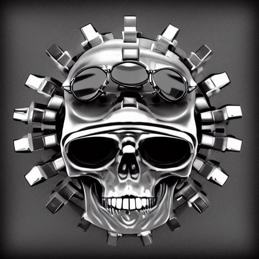 skull, with gears on his head, aviator glasses, 3d, biomechanical