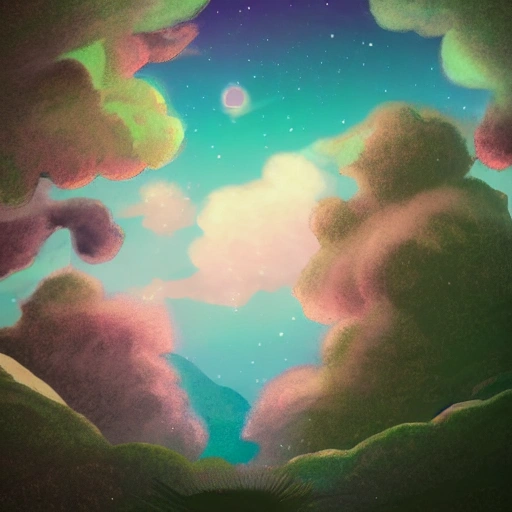 Create a pastel colored, soft lit outdoor landscape from an overhead point of view with a nebula background in the style of Studio Ghibli.