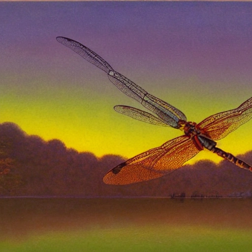 A dragonfly in the fall sunset, style of Maxfield Parrish, Oil Painting