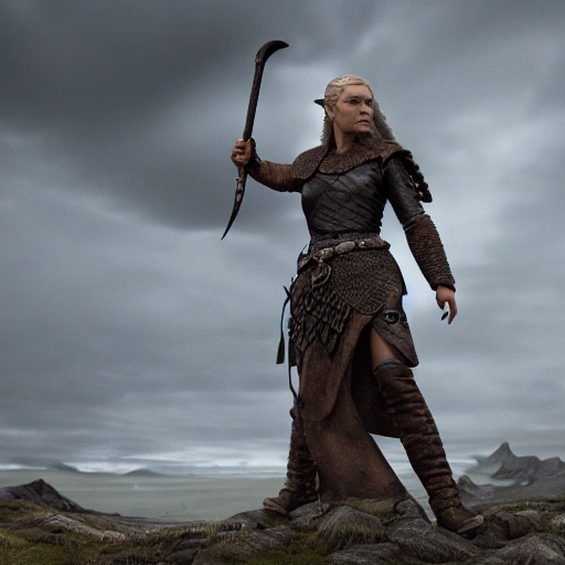 3D rendered wide angle painting of a Viking shield maiden with cinematic lighting and no background, viewed at eye level in the style of "Game of Thrones."