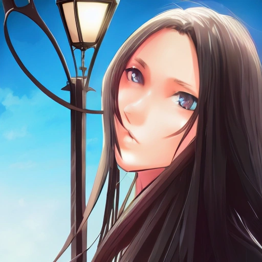 pretty girl face, long black hair, tall skinny full body, standing under lamppost, detailed, Anime, Glamor Shot, Beautiful Lighting, Artstation --ar 1:2