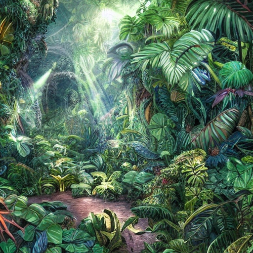 Digital illustration, detailed and intricate, of a dense jungle filled with exotic plants and animals, the sunlight filtering through the canopy creating a dappled effect. In the style of Yoshitaka Amano and Hayao Miyazaki, masterpiece, proportional, detailed, trending on artstation, beautiful lighting, realistic, intricate, award winning, 4k, highest quality