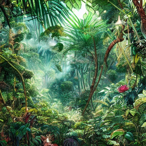 Digital illustration, detailed and intricate, of a dense jungle filled with exotic plants and animals, the sunlight filtering through the canopy creating a dappled effect. In the style of Yoshitaka Amano and Hayao Miyazaki, masterpiece, proportional, detailed, trending on artstation, beautiful lighting, realistic, intricate, award winning, 4k, highest quality