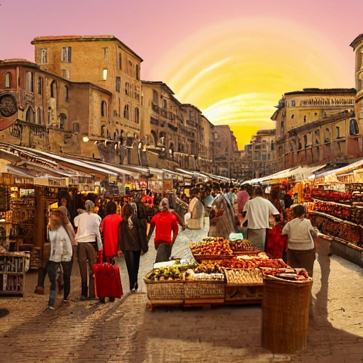 Matte Painting of A bustling Roman market in the heart of the city during dusk on a sunny day, filled with vendors selling their wares, people haggling over prices, and the scent of spices and herbs filling the air. You see a variety of goods ranging from exotic foods to beautiful pottery and jewelry, with the sound of merchants calling out to potential customers. The market is surrounded by tall columns and marble buildings, with a temple in the background. Masterpiece, Ultra Detailed, Hyper-realistic, environment concept art by Unreal Engine.
