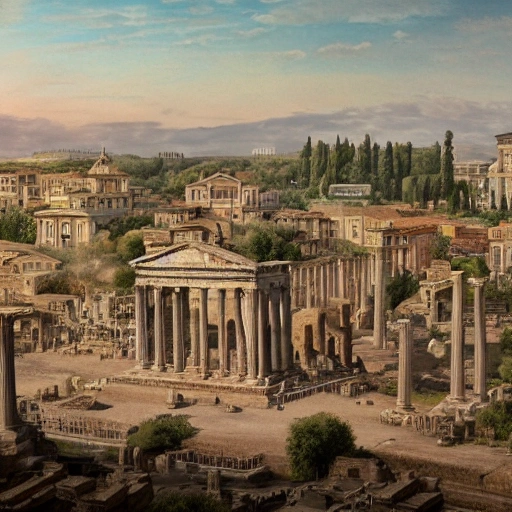 Matte Painting of An aerial view of the grand and magnificent Ancient Roman forum during noon on a sunny day, with its intricate network of paved roads and grand structures. The forum is filled with bustling crowds of people, some strolling and taking in the sights, others conducting business or making offerings at the various temples. You see the tall marble columns and intricate carvings of the temples, as well as the grand archways of the triumphal structures, all bathed in warm sunlight. Masterpiece, Ultra Detailed, Hyper-realistic, environment concept art by Unreal Engine.