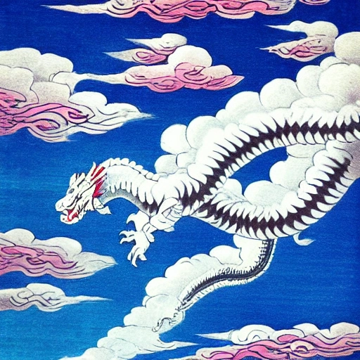 japanese dragon flying over the sky, Trippy