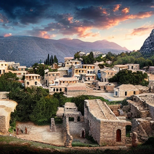 Matte Painting of an Ancient Greek village, capturing the essence of a bygone era, surrounded by beautiful hills and breathtaking views. The time of day is dusk, and the weather is overcast, giving a feeling of serenity and calmness. This is a winter season, the snow is covering the hills and the village is surrounded by a dense forest. This is a masterpiece, ultra detailed environment concept art by Unreal Engine, depicting an idyllic ancient Greek village.