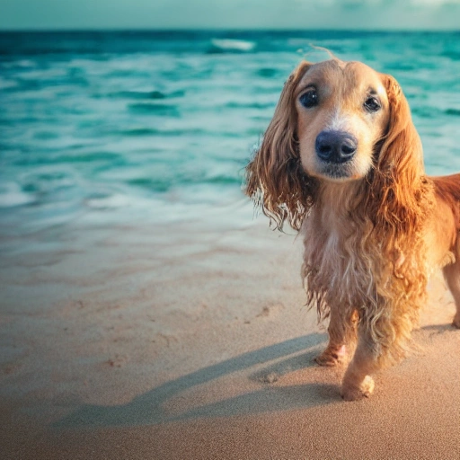 dog playing on a polluted beach (green beach color). (curly hair), high definition, clipboard, photography, ultra realistic, good ambient lighting, highly detailed sand, focus on dog, ((symmetry))