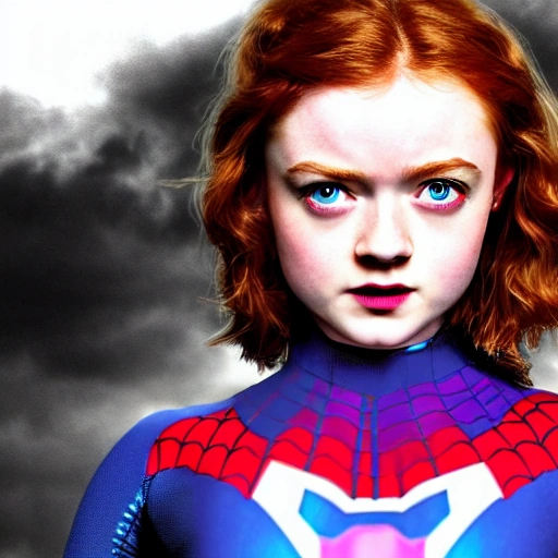 Sadie Sink as spider-woman. wallpaper, high definition, ultra realistic, hyperrealism, focus camera, fog camera, 8k.