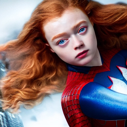 Sadie Sink as spider-woman. Simetric face, wallpaper, high definition, ultra realistic, hyperrealism, focus camera, fog camera, 8k.