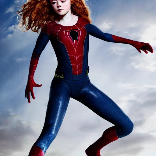 Sadie Sink as spider-woman. Simetric face, wallpaper, high definition, ultra realistic, hyperrealism, focus camera, fog camera, 8k.