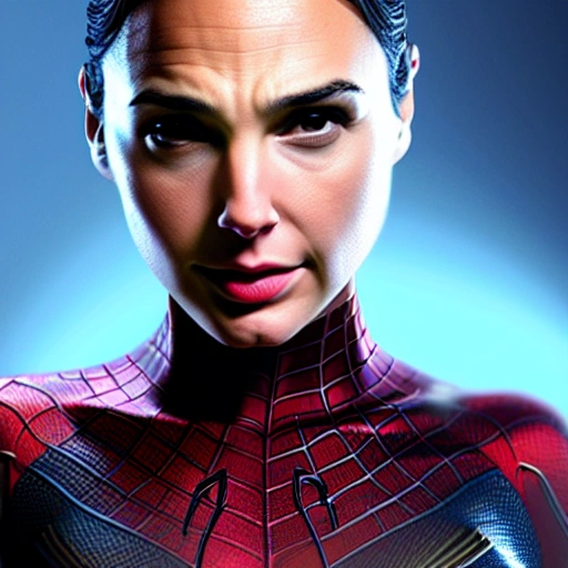 Gal Gadot as spider-man. Simetric face, perfect face, blonde hair, wallpaper, high definition, ultra realistic, hyperrealism, focus camera, fog camera, 8k.