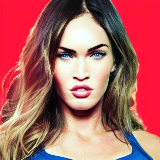 Megan Fox as super-girl. Simetric face, perfect face, blonde hair, wallpaper, high definition, ultra realistic, hyperrealism, focus camera, fog camera, 8k.