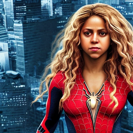 Shakira as spider-woman. Simetric face, perfect face, wallpaper, high definition, ultra realistic, hyperrealism, focus camera, fog camera, 8k.