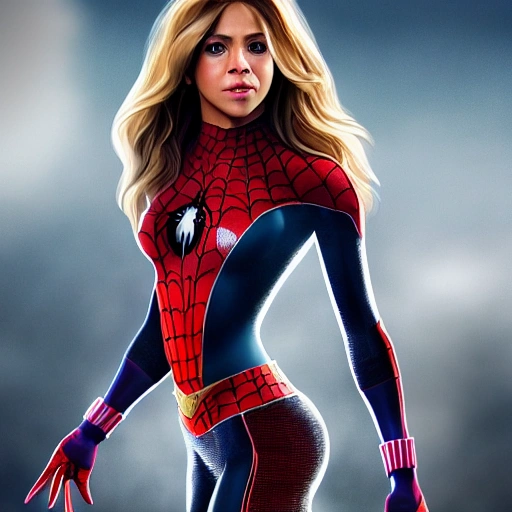 Shakira as spider-woman. Simetric face, perfect face, wallpaper, high definition, ultra realistic, hyperrealism, focus camera, fog camera, 8k.