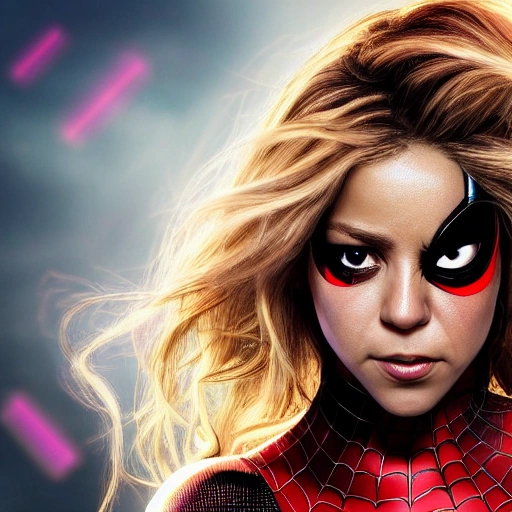 Shakira as spider-woman. Simetric face, ((perfect face)), wallpaper, high definition, ultra realistic, hyperrealism, focus camera, fog camera, 8k.